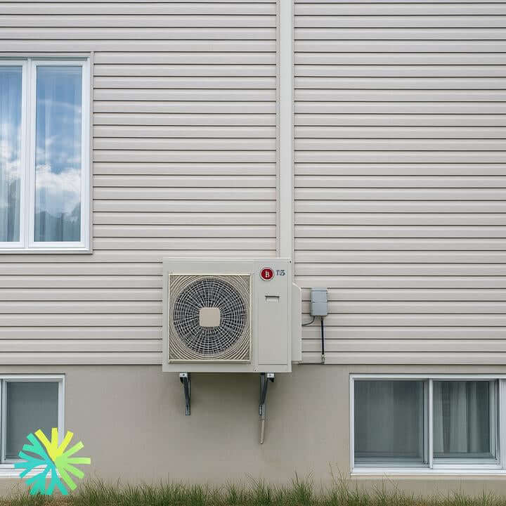 Installation d'un Mini Split Mural Sharp ZHU à La Petite-Patrie, Montréal. Unité extérieure sur un mur résidentiel.