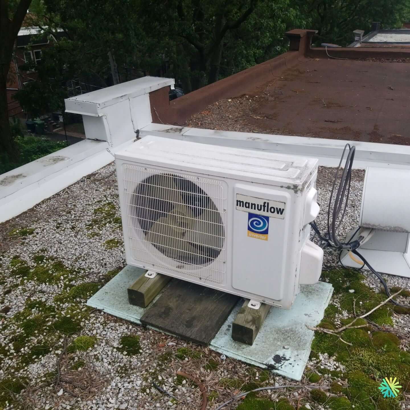 Nettoyage d’une thermopompe Manuflow sur un toit à Côte-des-Neiges