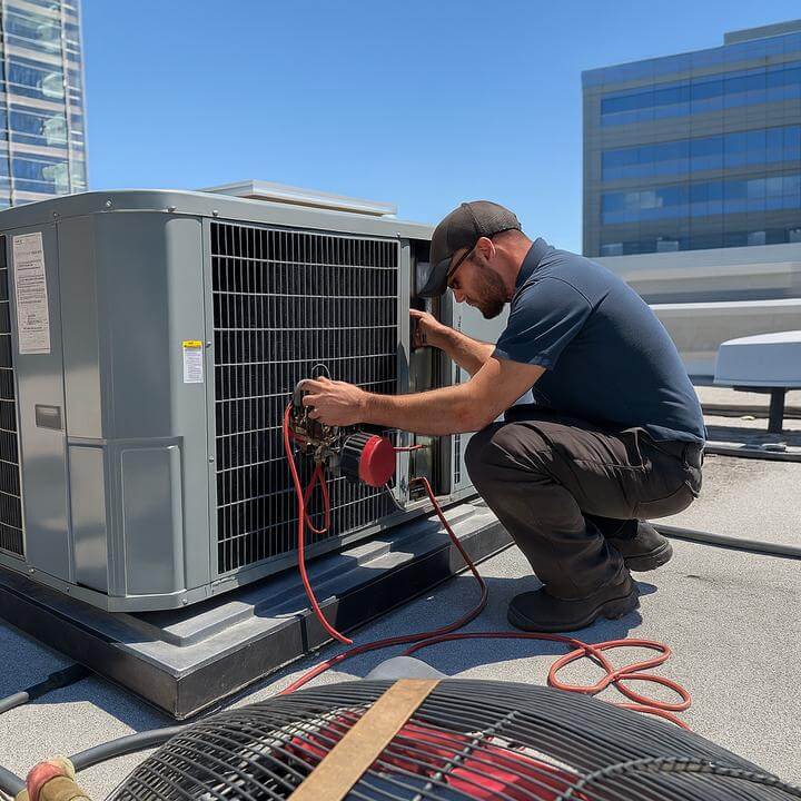 Technicien installant un système de CVC commercial - Combien de temps faut-il pour installer un système de CVC commercial?