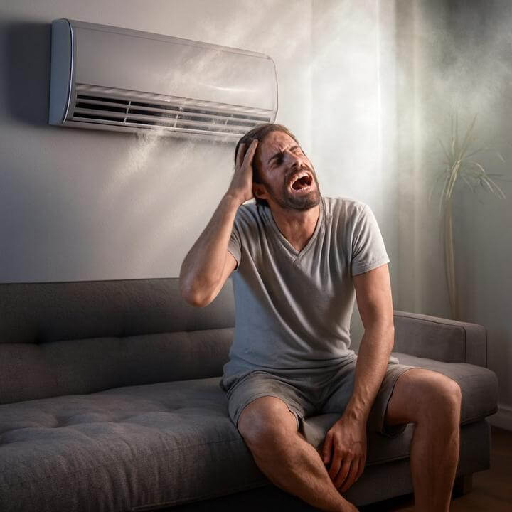 Homme préoccupé par comment dépanner un climatiseur mural qui ne refroidit pas correctement, assis sous un climatiseur défectueux.