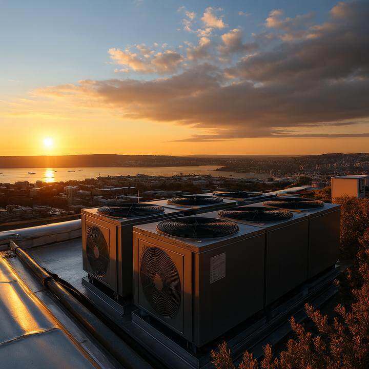 Quelles fonctionnalités de sécurité devrais-je rechercher dans un système de toiture? Rooftop HVAC units during sunset.
