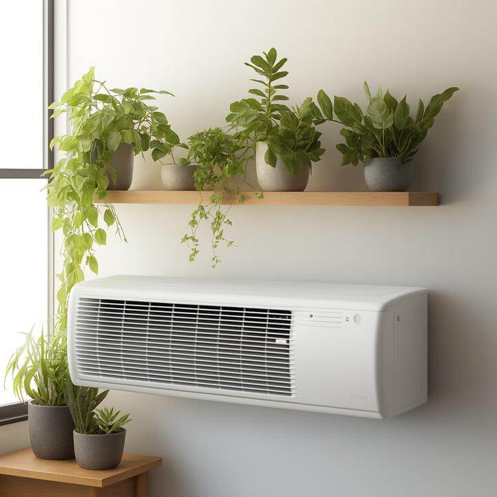 Unités PTAC avec contrôle de l'humidité et plantes d'intérieur par une fenêtre lumineuse.