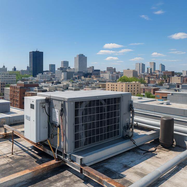 Rooftop commercial HVAC system with urban skyline - Quelle est la durée de vie d'un système de CVC commercial?