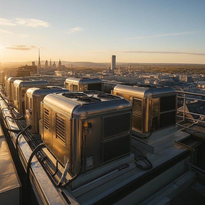 Vue sur des unités de climatisation commerciale sur un toit, soulignant les impacts environnementaux de la climatisation commerciale.