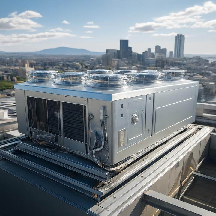 Unité de climatisation commerciale sur un toit avec une vue urbaine en arrière-plan. Comment puis-je prolonger la durée de vie de ma climatisation commerciale avec un service régulier?