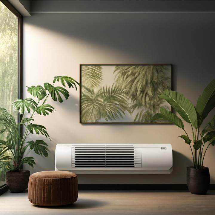 Modern PTAC unit in eco-friendly room, exploring "Existe-t-il des options PTAC écologiques ou certifiées Energy Star?"