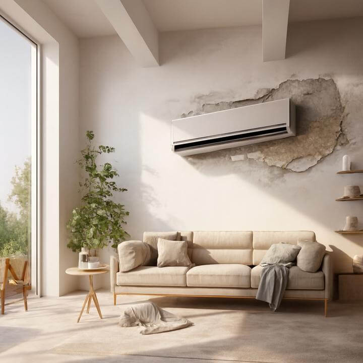 Salon lumineux avec une thermopompe murale abîmée - Quels sont les signes qu'une thermopompe murale doit être remplacée?