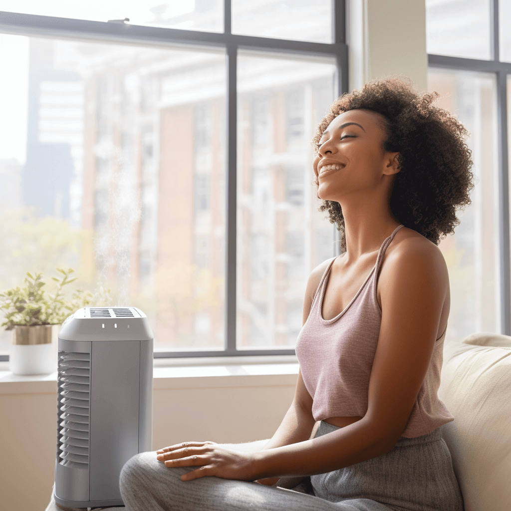 Quel est le rôle des purificateurs d'air en conjonction avec les systèmes CVC de condos? Femme profitant de l'air purifié dans un condo.