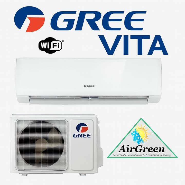 Installation d'un Mini Split Gree Vita à Pointe-Claire, Montréal par AirGreen, unité extérieure montée sur mur de brique