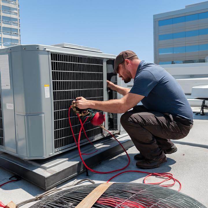 Modern office building with a commercial HVAC system functioning in winter, illustrating 'Un système de CVC commercial peut-il fonctionner en toutes saisons?'