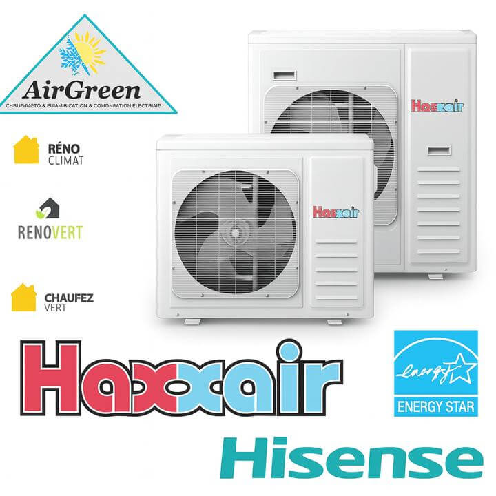 Installation d'une thermopompe murale Haxxair T2D à Senneville, Montréal. Unité montée sur mur extérieur en brique.