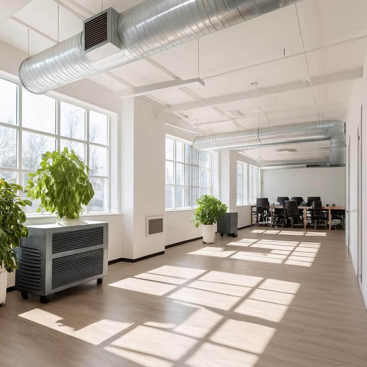 Modern open office space showing CVC upgrades, illustrating "Comment la mise à niveau CVC gèrent-elles les changements d'occupation ou d'utilisation du bâtiment?"