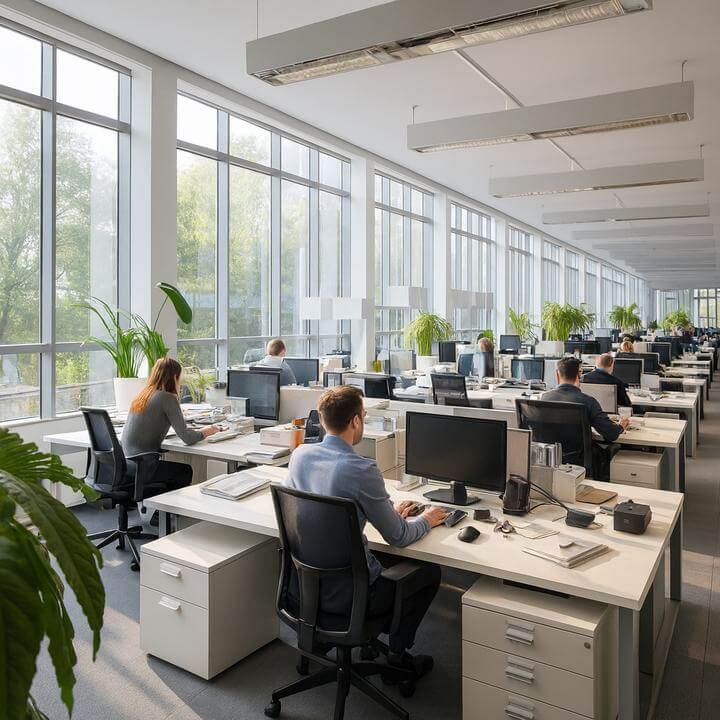 Open office space showing employees working, illustrating how le CVC influence-t-il la productivité au bureau with modern HVAC systems.