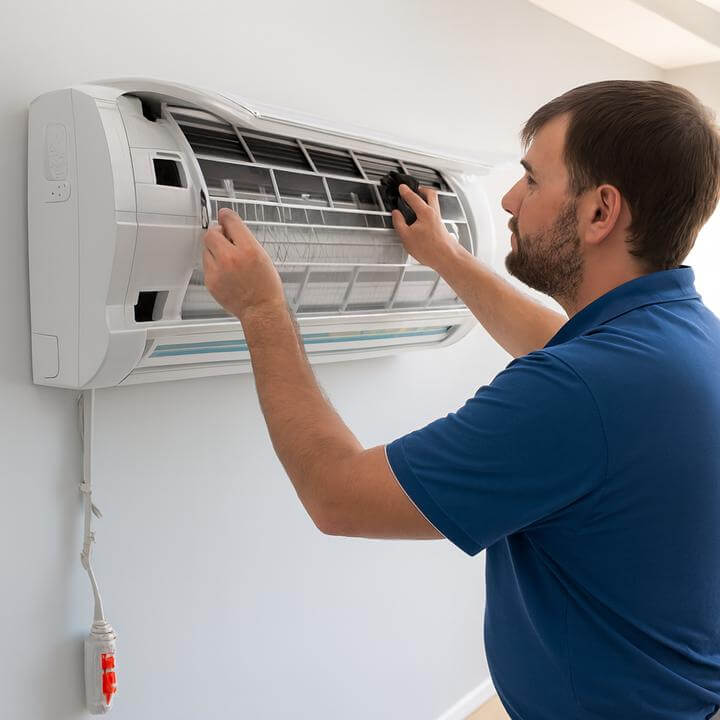 Thermopompe murale moderne installée dans un salon, répondant à la question 'Quelle est la durée de vie d'une thermopompe murale?'. Image AirGreen.
