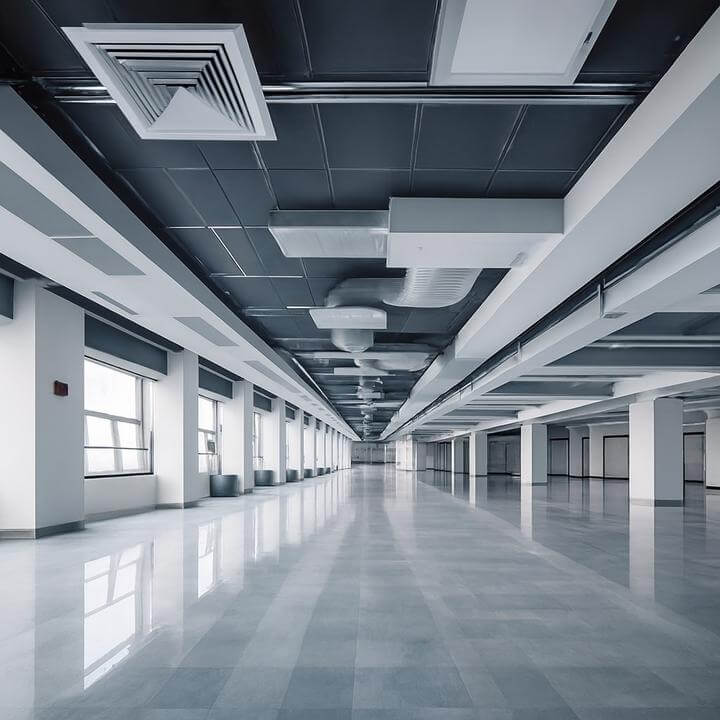 Un système de CVC commercial peut-il également ventiler mon bâtiment? Intérieur moderne montrant des conduits de ventilation au plafond.