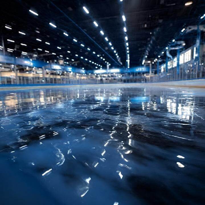 Interior ice rink surface showing effects of excess humidity; focus keyword: Comment l'excès d'humidité affecte-t-il les patinoires intérieures?