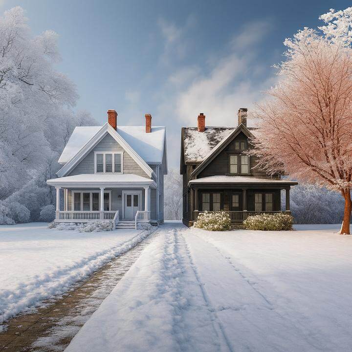 Deux maisons en hiver illustrant "Une thermopompe murale peut-elle être utilisée en toutes saisons?" avec neige et arbres dénudés.