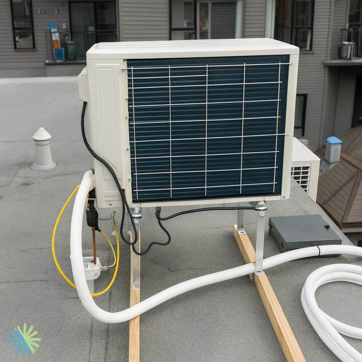 Installation d'une thermopompe Gree FreeMatch Extreme DoubleZone à Outremont, Montréal, montrée dans un jardin extérieur.