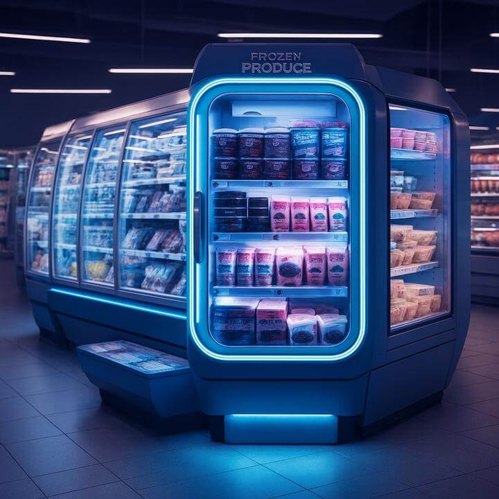 Outdoor market setting with commercial refrigeration units showcasing food, highlighting "Existe-t-il des solutions de réfrigération commerciale adaptées pour une utilisation en extérieur?"