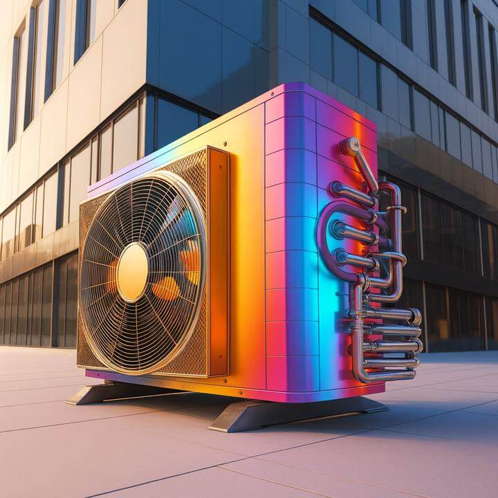 Système monobloc à haute efficacité énergétique devant un bâtiment moderne. Quelle est l'efficacité énergétique des systèmes monoblocs?