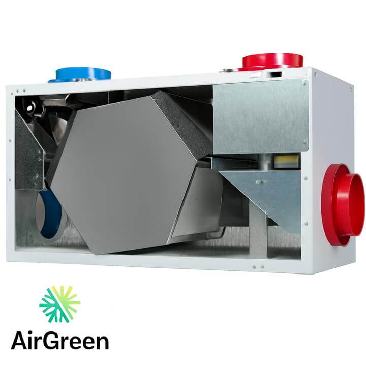Image d'un échangeur d'air VRC par AirGreen, montrant l'intérieur du système de ventilation et de récupération de chaleur.