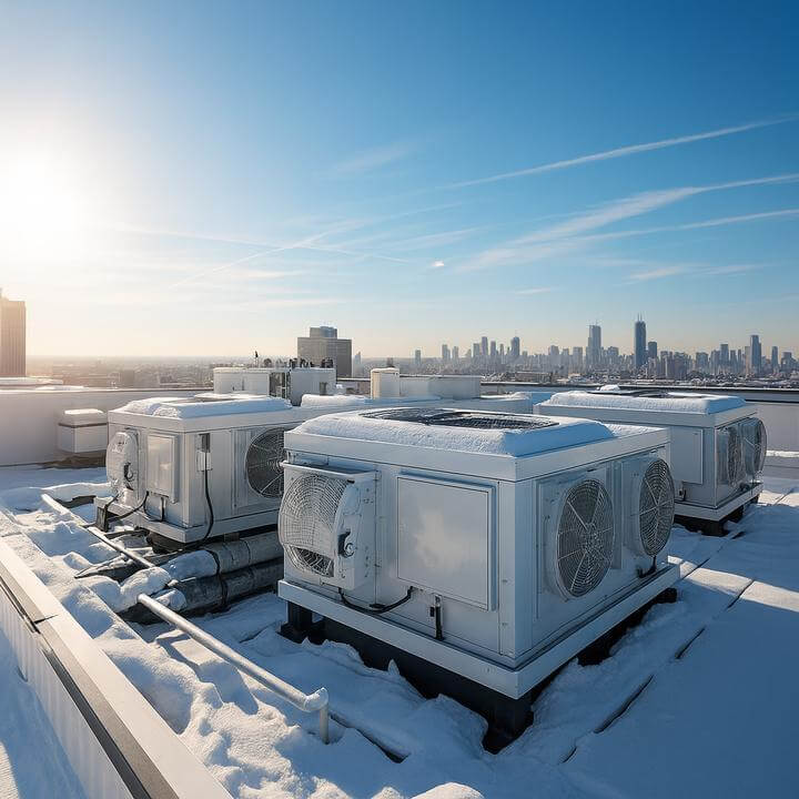 Rooftop HVAC systems managing heating and cooling in snowy conditions, illustrating "Comment les systèmes de toiture gèrent-ils à la fois le chauffage et la climatisation?"