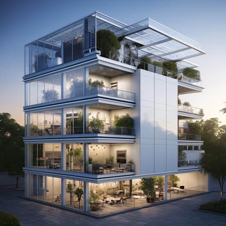 Immeuble de bureaux moderne avec systèmes CVC spécifiquement conçus pour les immeubles de bureaux à plusieurs étages.