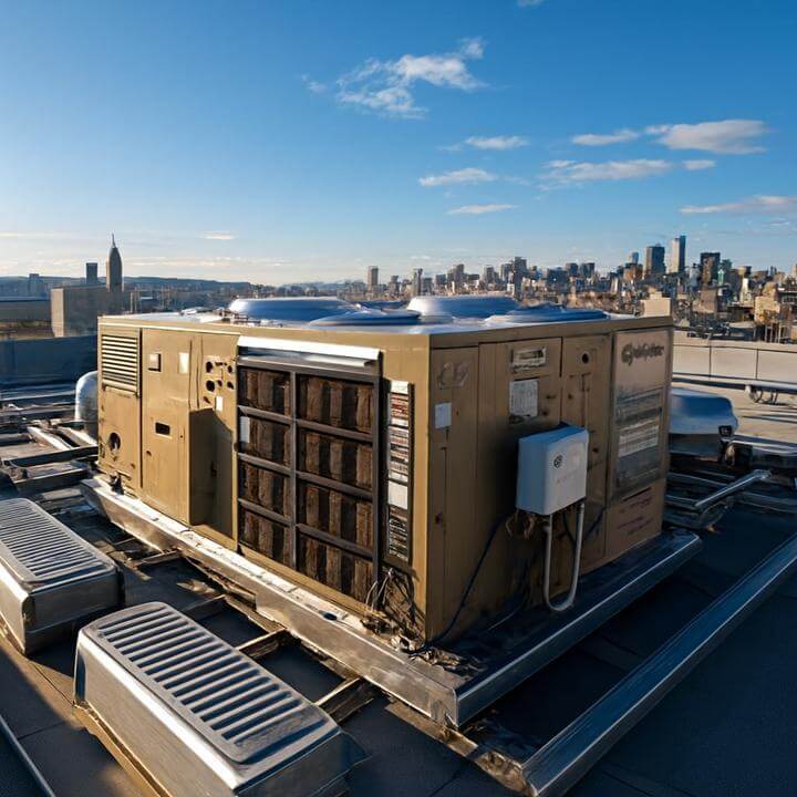 Commercial rooftop HVAC system against city skyline, illustrating comment les systèmes de toiture se comparent-ils en termes de rentabilité.