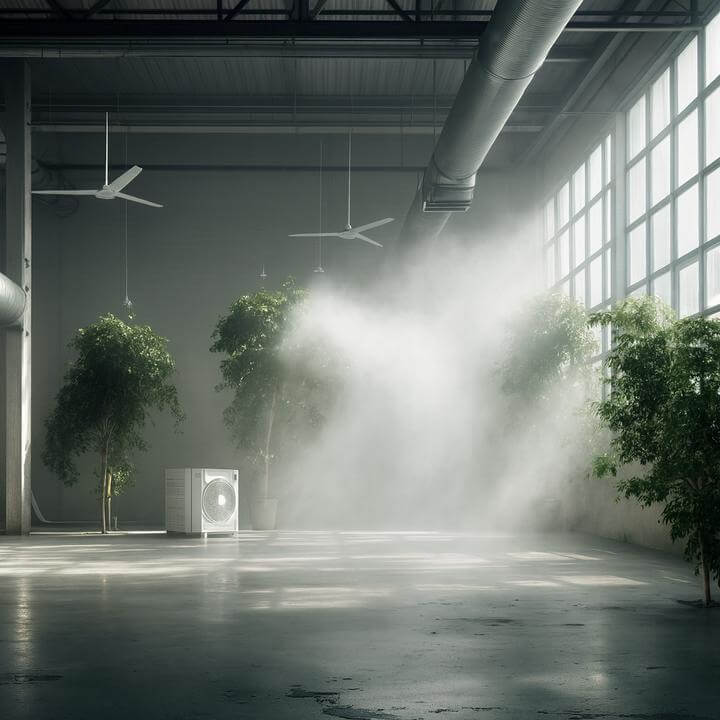 Système CVC améliorant la qualité de l'air intérieur avec plantes et ventilation industrielle dans un grand espace lumineux