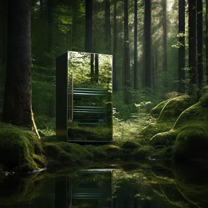 Réfrigérateur commercial dans une forêt symbolisant "Quels sont les impacts environnementaux de la réfrigération commerciale?"