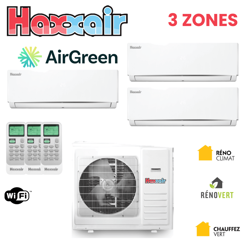 Thermopompe 3 zones HAXXAIR T2D — 24 000 à 42 000 BTU, -25 °C — installation par AirGreen, Montréal, Laval, Longueuil, Rive-Sud et Rive-Nord