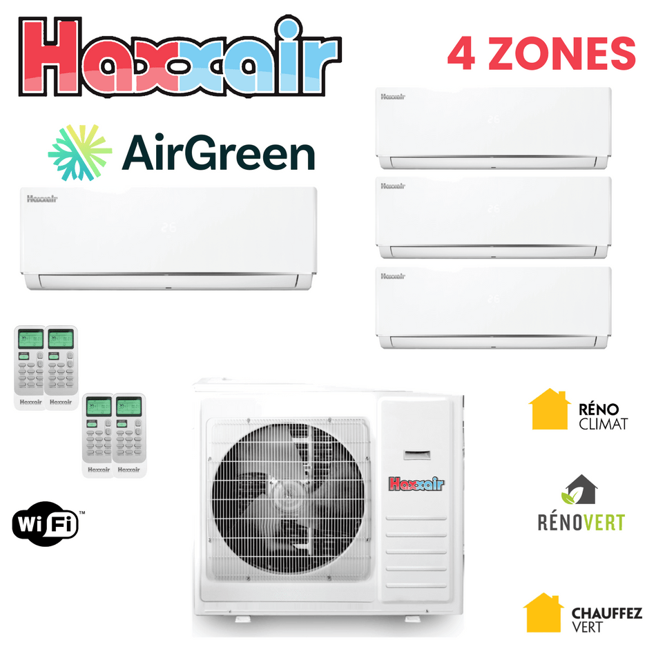 Thermopompe 4 zones HAXXAIR T2D — 36 000 et 42 000 BTU, -25 °C — installation par AirGreen, Montréal, Laval, Longueuil, Rive-Sud et Rive-Nord