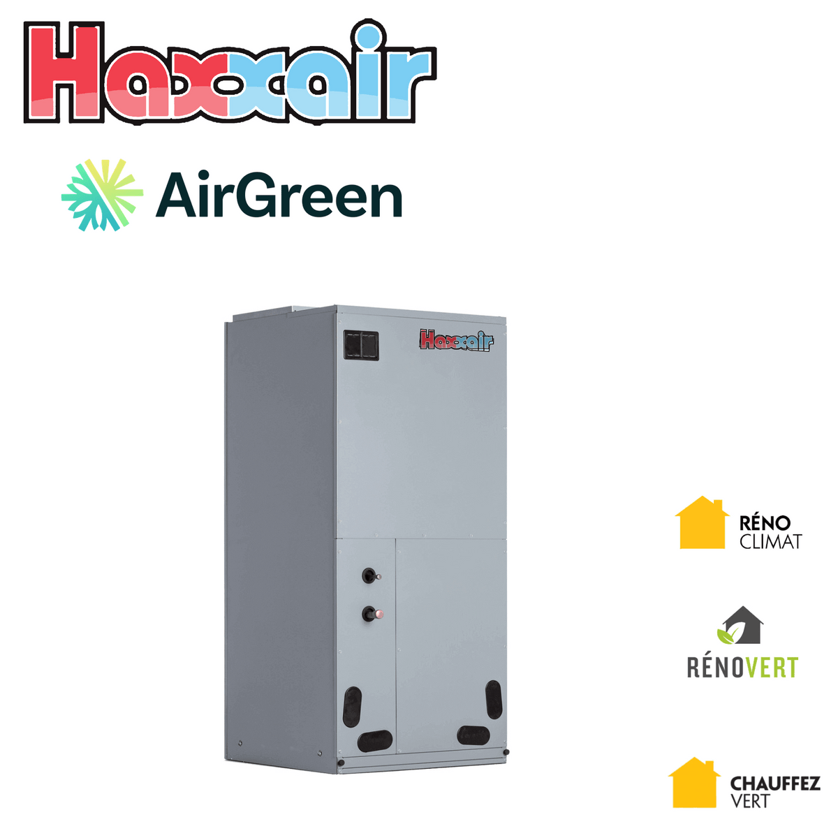 Fournaise électrique HAXXAIR — 2 à 5 tonnes, jumelée à la thermopompe centrale — installation par AirGreen, Montréal, Laval, Longueuil, Rive-Sud et Rive-Nord