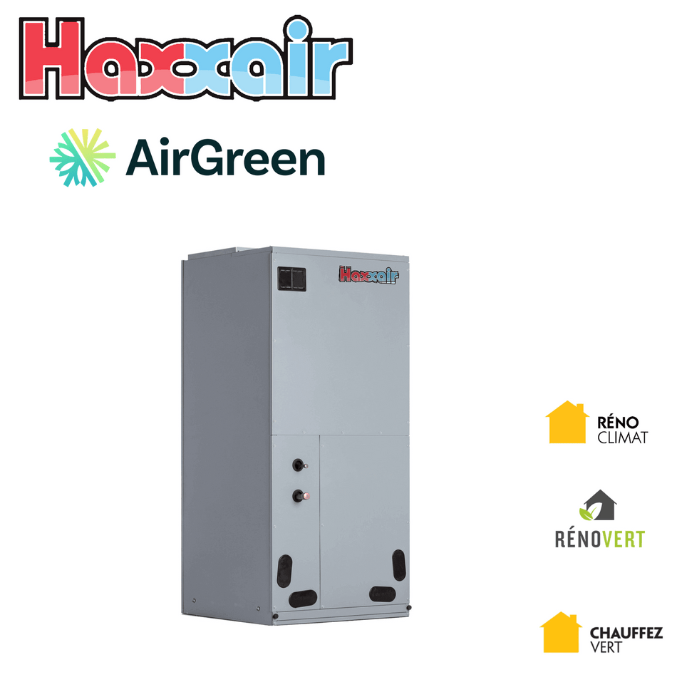 Fournaise électrique HAXXAIR — 2 à 5 tonnes, jumelée à la thermopompe centrale — installation par AirGreen, Montréal, Laval, Longueuil, Rive-Sud et Rive-Nord