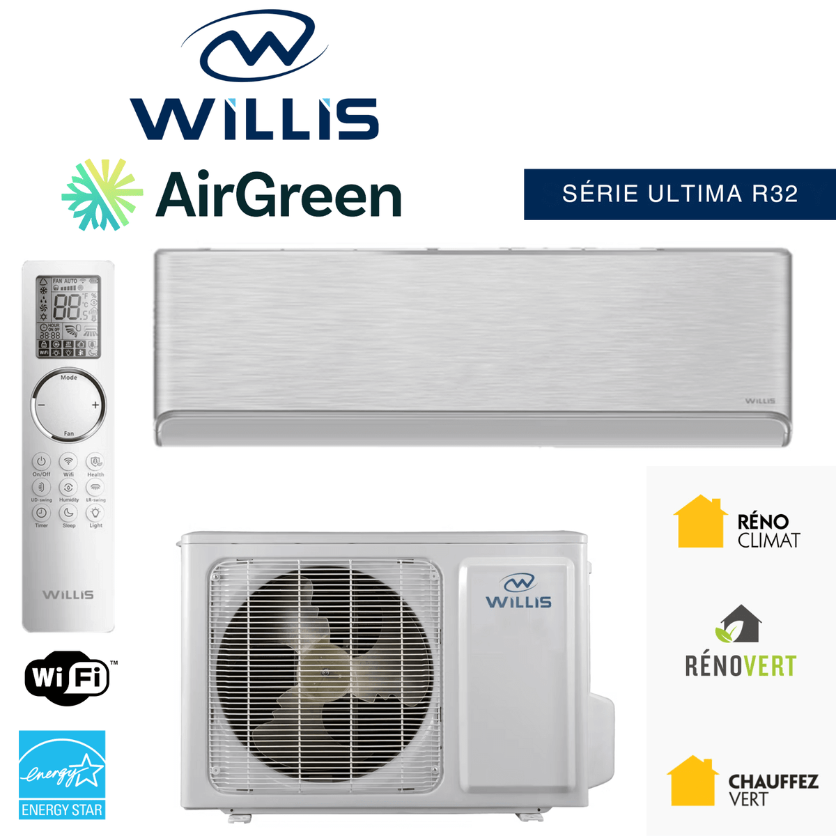 Thermopompe murale WILLIS ULTIMA R32 — installation par AirGreen à Montréal, Laval, Longueuil, Rive-Sud et Rive-Nord