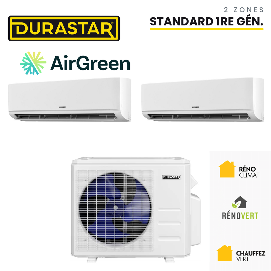 Thermopompe DURASTAR Standard 1re génération au R-410A à 2 zones, installée par AirGreen à Montréal, Laval, Longueuil, sur la Rive-Sud et la Rive-Nord