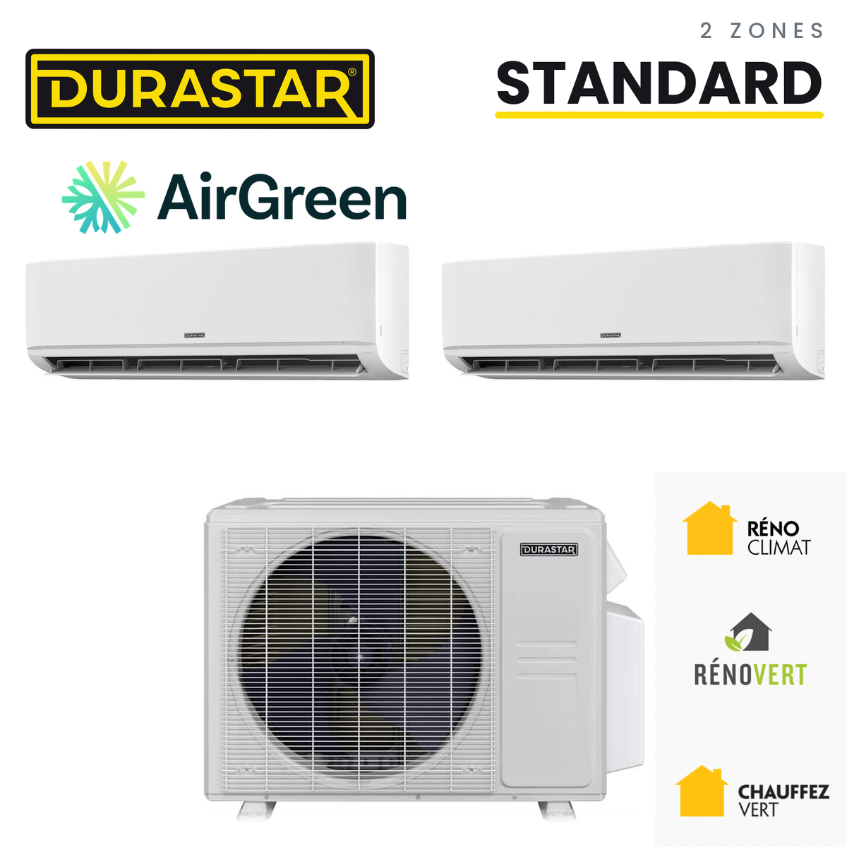 Thermopompe DURASTAR Standard au R-410A à 2 zones, installée par AirGreen à Montréal, Laval, Longueuil, sur la Rive-Sud et la Rive-Nord