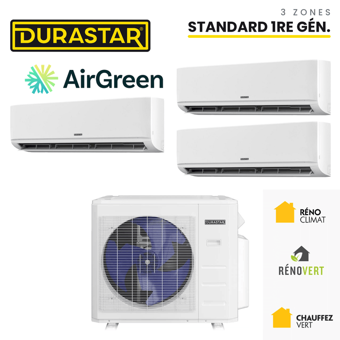 Thermopompe DURASTAR Standard 1re génération au R-410A à 3 zones, installée par AirGreen à Montréal, Laval, Longueuil, sur la Rive-Sud et la Rive-Nord
