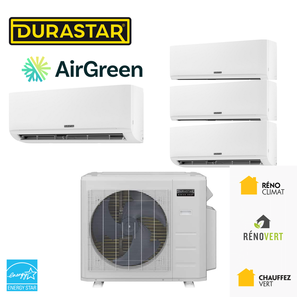 Thermopompe DURASTAR à 4 zones, 4 têtes murales et une unité extérieure, installée par AirGreen à Montréal, Laval, Longueuil, sur la Rive-Sud et la Rive-Nord