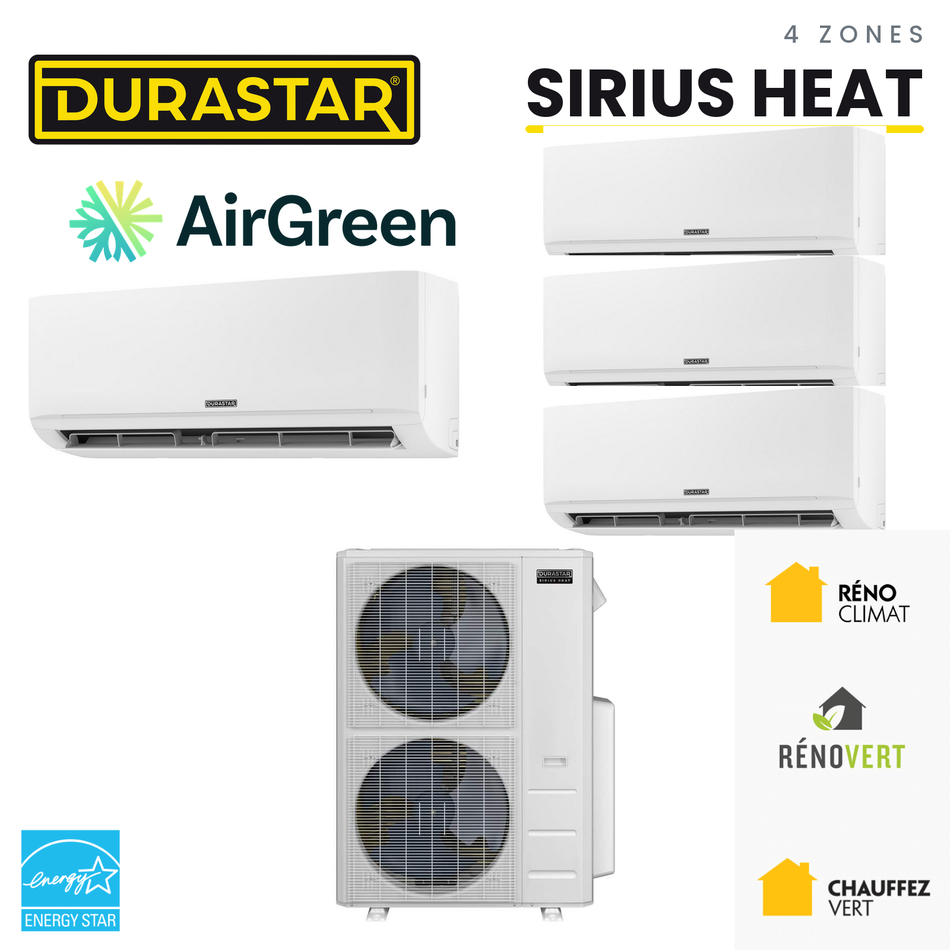 Thermopompe DURASTAR Sirius Heat au R-410A à 4 zones, installée par AirGreen à Montréal, Laval, Longueuil, sur la Rive-Sud et la Rive-Nord