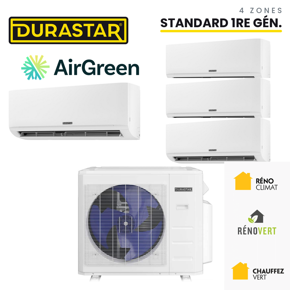 Thermopompe DURASTAR Standard 1re génération au R-410A à 4 zones, installée par AirGreen à Montréal, Laval, Longueuil, sur la Rive-Sud et la Rive-Nord