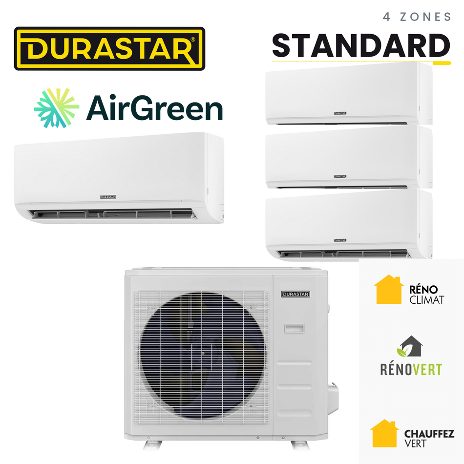 Thermopompe DURASTAR Standard au R-410A à 4 zones, installée par AirGreen à Montréal, Laval, Longueuil, sur la Rive-Sud et la Rive-Nord
