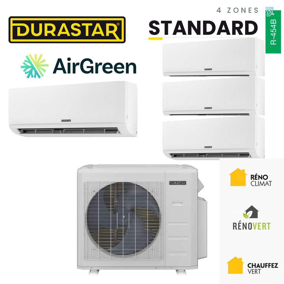 Thermopompe DURASTAR Standard au R-454B à 4 zones, installée par AirGreen à Montréal, Laval, Longueuil, sur la Rive-Sud et la Rive-Nord