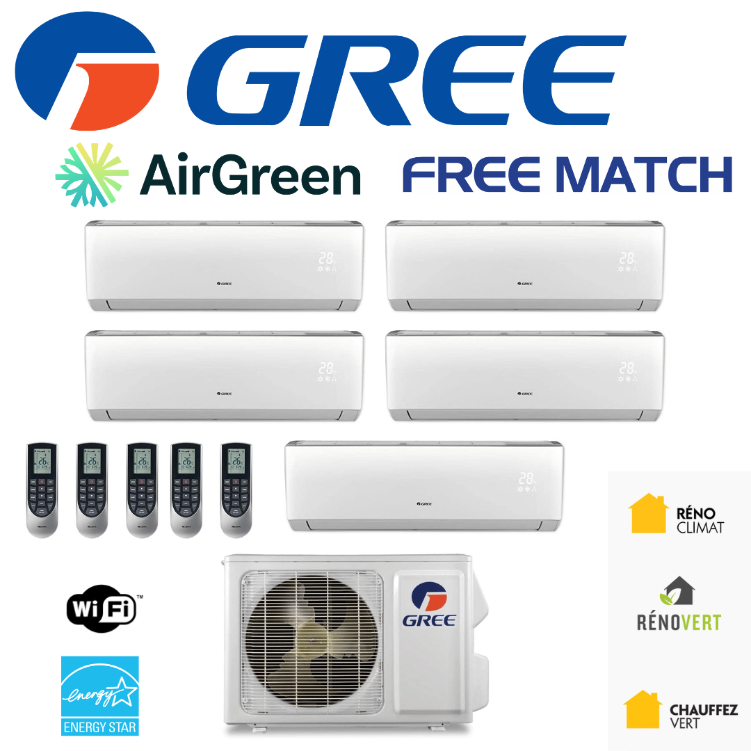 Thermopompe Gree Free Match Série M | 5 Zones | Montréal, Laval, Longueuil, Rive Nord et Rive Sud
