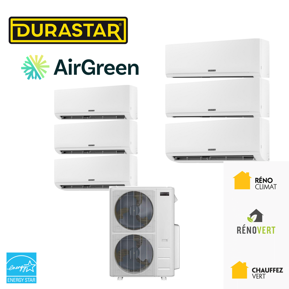 Thermopompe DURASTAR à 6 zones, 6 têtes murales et une unité extérieure, installée par AirGreen à Montréal, Laval, Longueuil, sur la Rive-Sud et la Rive-Nord