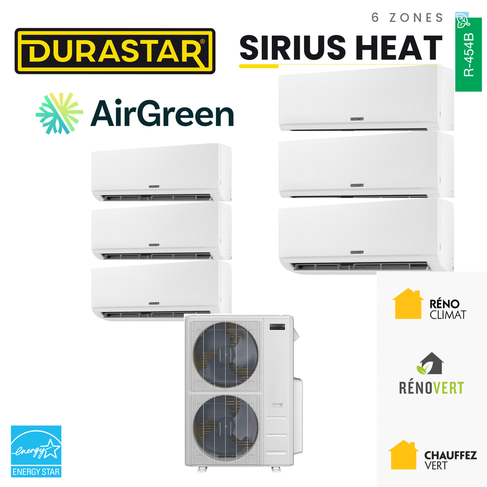 Thermopompe DURASTAR Sirius Heat au R-454B à 6 zones, installée par AirGreen à Montréal, Laval, Longueuil, sur la Rive-Sud et la Rive-Nord