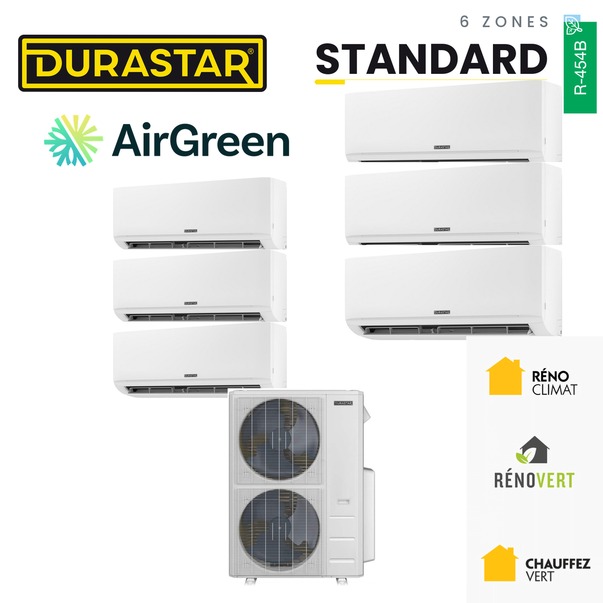 Thermopompe DURASTAR Standard au R-454B à 6 zones, installée par AirGreen à Montréal, Laval, Longueuil, sur la Rive-Sud et la Rive-Nord