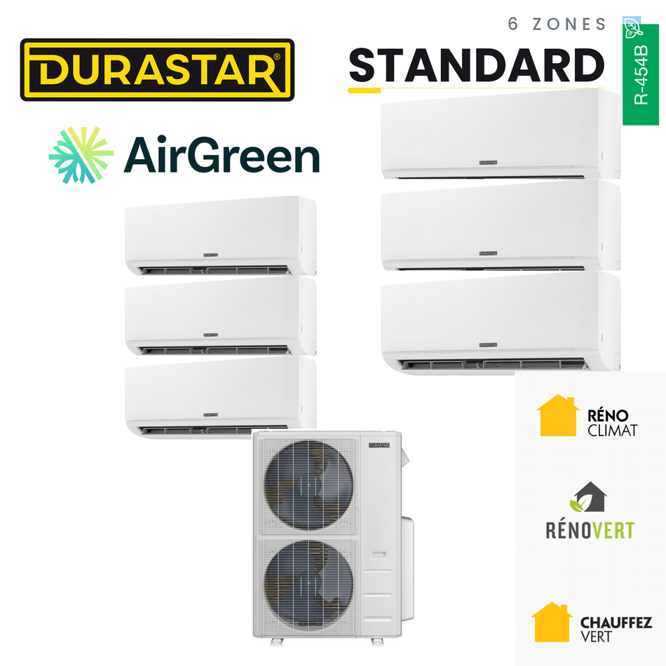 Thermopompe DURASTAR Standard au R-454B à 6 zones, installée par AirGreen à Montréal, Laval, Longueuil, sur la Rive-Sud et la Rive-Nord