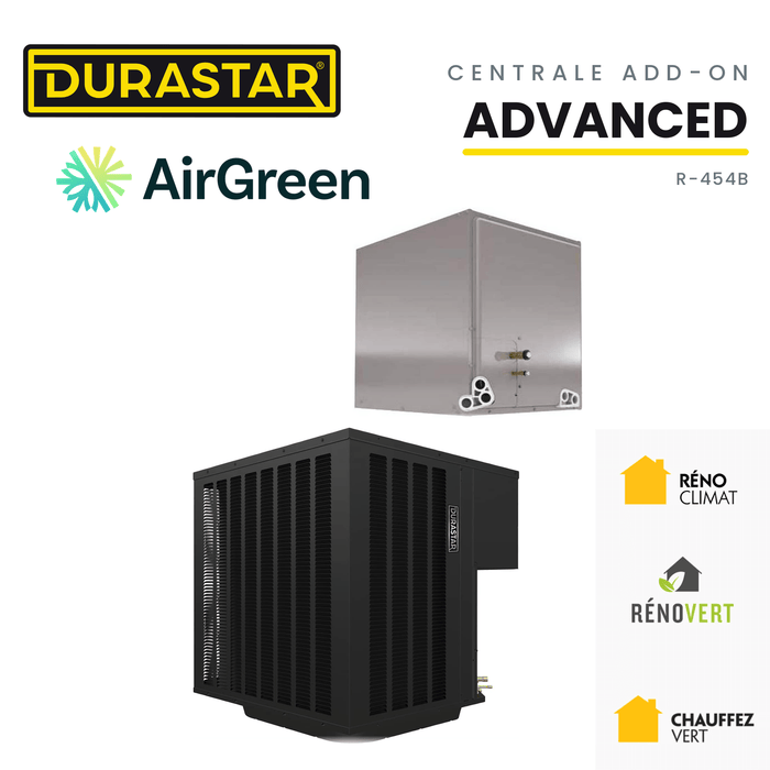 Thermopompe centrale ADD-ON DURASTAR Advanced au R-454B avec serpentin, installée par AirGreen à Montréal, Laval, Longueuil, sur la Rive-Sud et la Rive-Nord