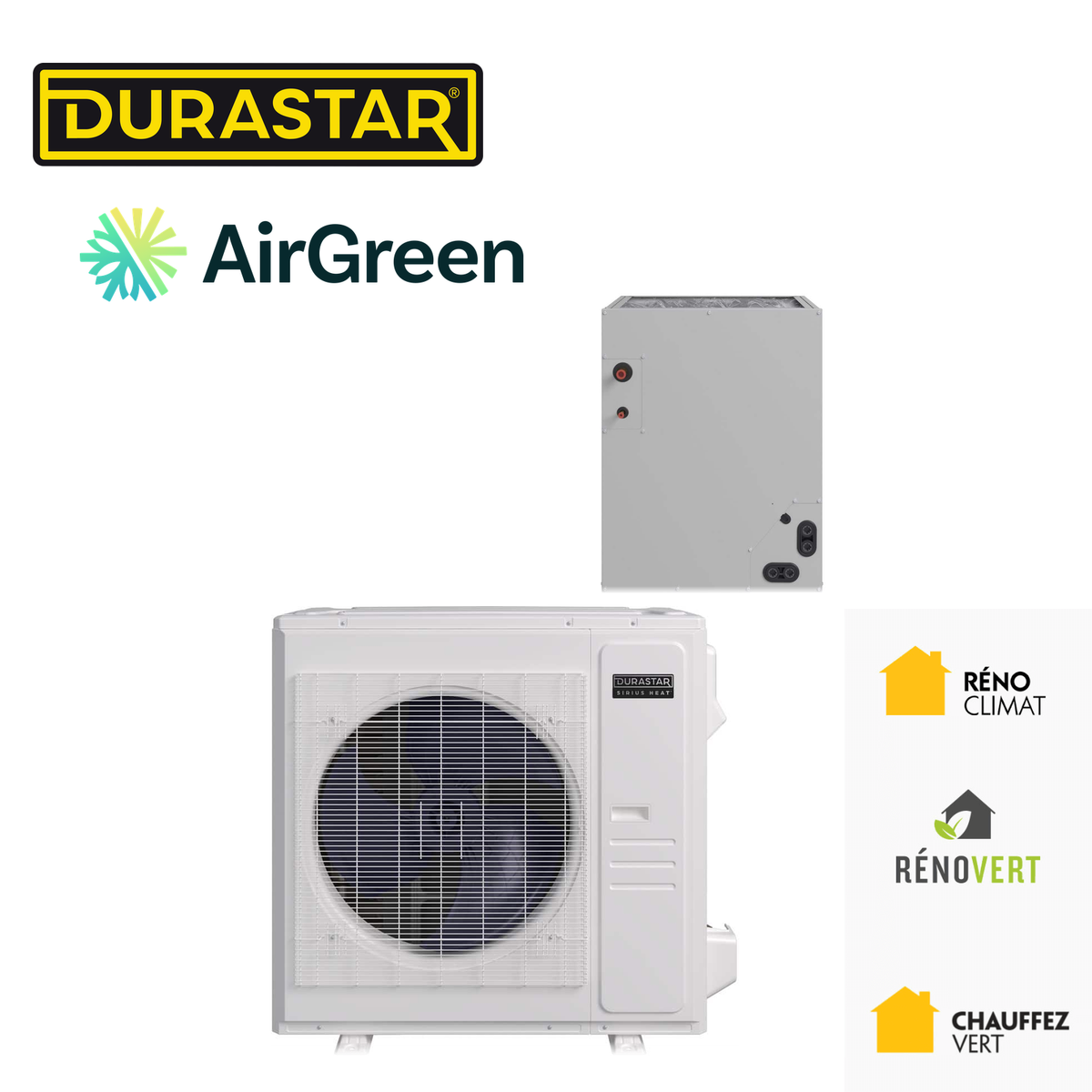 Thermopompe centrale ADD-ON DURASTAR avec serpentin et unité extérieure, installée par AirGreen à Montréal, Laval, Longueuil, sur la Rive-Sud et la Rive-Nord